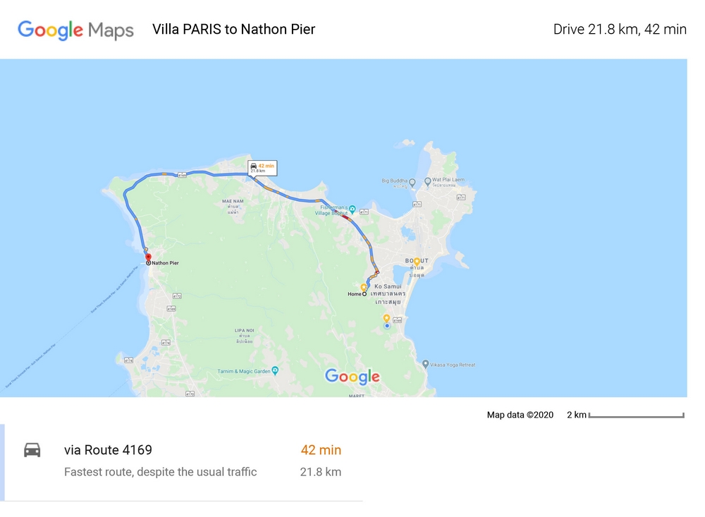 Route and distance 21,8 Km between Villa PARIS on Chaweng and the port of Nathon serving the link to the island of Koh Samui and the Contiment to the port of Surat Thani